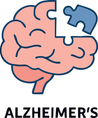 This is a flat vector illustration of a human brain with a missing puzzle piece, symbolizing memory loss and Alzheimer's disease.