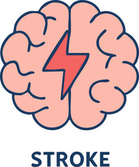This is a flat vector illustration of a human brain with a red lightning bolt in the center, labeled 