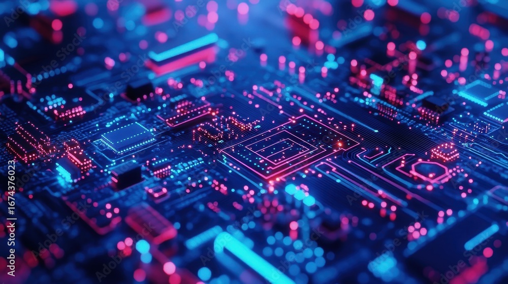 Poster vivid circuit board animation: an abstract hi-tech background with cool colors for electronic commun