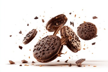 Chocolate sandwich cookies in motion, surrounded by chocolate chips and crumbs