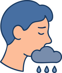 This is a flat vector illustration of a sad person with eyes closed and a dark rain cloud with raindrops symbolizing depression, emotional distress, and poor mental health.