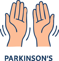 This is a flat vector illustration of two raised hands with shaking motion lines, symbolizing Parkinson’s disease and its characteristic tremors.