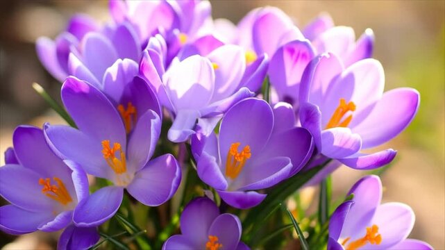 Purple crocus spring flowers closeup