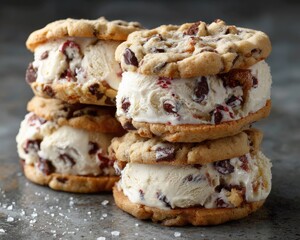 Stacked ice cream sandwiches.  Freshly baked cookies, filled with creamy vanilla ice cream and tart cranberries, studded with chocolate chips.  Sweet treats