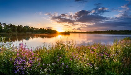serene sunset over a calm lake adorned with vibrant wildflowers and lush greenery