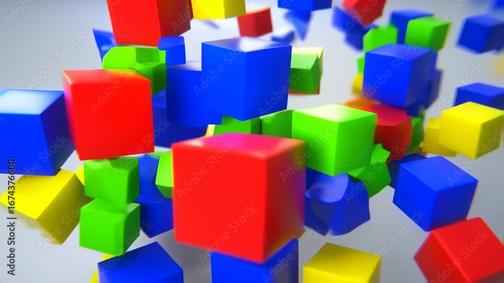 Poster colorful cubes floating and rotating in abstract 3d space