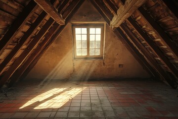 Sunlit View of a Dusty Attic in an Old Abandoned House with Red Tiles and a Weathered Ceiling