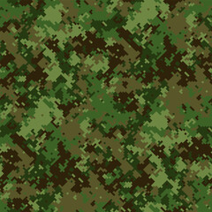 Abstract digital camouflage pattern.  Versatile, pixelated design in earthy greens and browns. Ideal for backgrounds, textiles, military or outdoor themes.