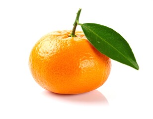 Ripe tangerine resting with single green leaf on white surface