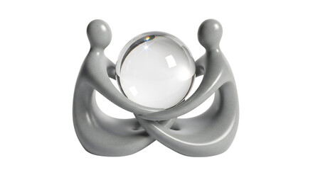 Abstract grey figures collaboratively embracing a crystal sphere, symbolizing teamwork, future vision, global unity, or shared purpose. Ideal for business, wellness, or spiritual themes,