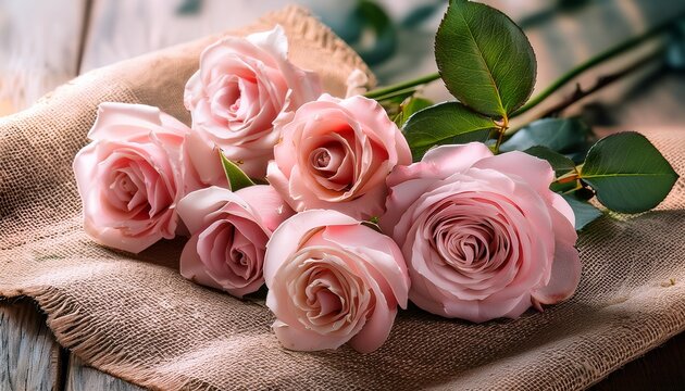 freshly cut pink roses on rustic burlap in soft light