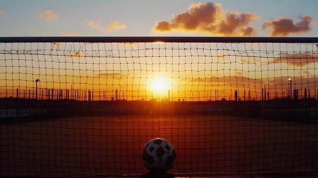 Sunset Soccer Goal,  Ball in Net at Golden Hour