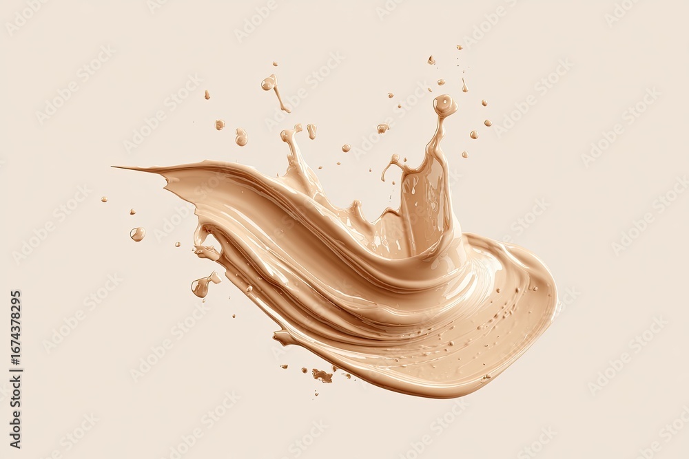 Poster light beige liquid substance splashing and flowing in a swirling, graceful pattern against a plain b