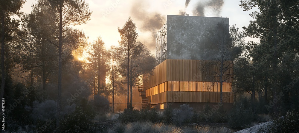 Poster modern architecture house design in forest with sunlight and trees landscape scenery view image art 