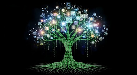Digital tree of life made of binary code and glowing squares on black background