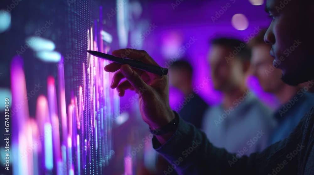 Poster medium shot highlighting a data analysts pointer on cyber tactic charts on a purple backlit collabor