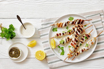 Greek style grilled chicken souvlaki on a plate