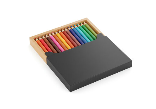 Colorful pencils in wooden box with black packaging, perfect for art, design, and creativity