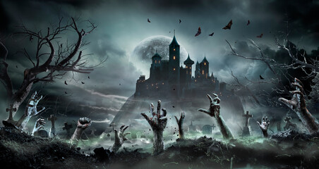 Halloween Zombie - Hands Rising Out Of A Grave With  Medieval Castle At Moonlight