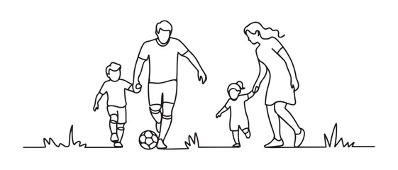 One continuous line drawing of young father playing soccer with son while mother teaching daughter to walk at field. Happy family parenting concep. Vector black silhouette. with white background