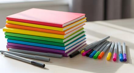 Fototapeta premium Colorful notebooks and pens on a desk.