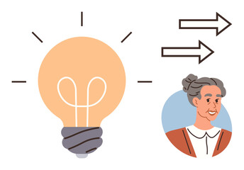Lightbulb with radiating lines signifying ideas, arrows symbolizing direction and transfer, and an elderly figure in a portrait. Ideal for innovation, wisdom, education, mentorship, creativity