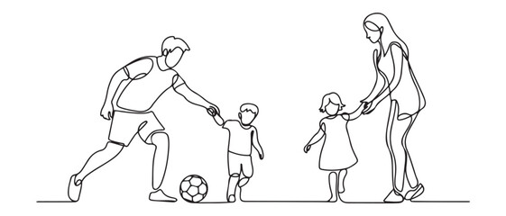 One continuous line drawing of young father playing soccer with son while mother teaching daughter to walk at field. Happy family parenting concep. Vector black silhouette. with white background
