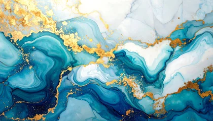 Acrylglasbilder Kristalle Abstract marble swirls in blues and golds  © oky