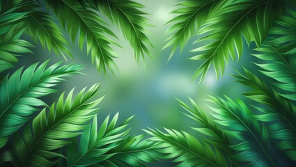 Lush green tropical leaves frame a soft teal background, creating a vibrant and serene image.