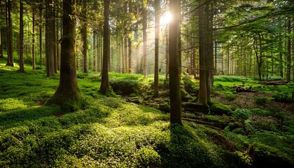 Fototapeta premium lush green forest with sunlight filtering through trees in a tranquil setting generative ai