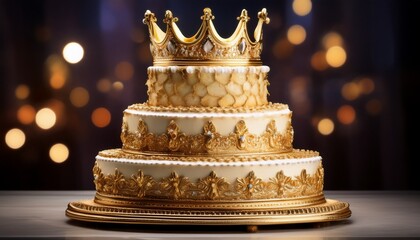 royal delight a multi tiered cake adorned with a golden crown representing a sweet celebration fit for royalty evokes sentiments of elegance and joy