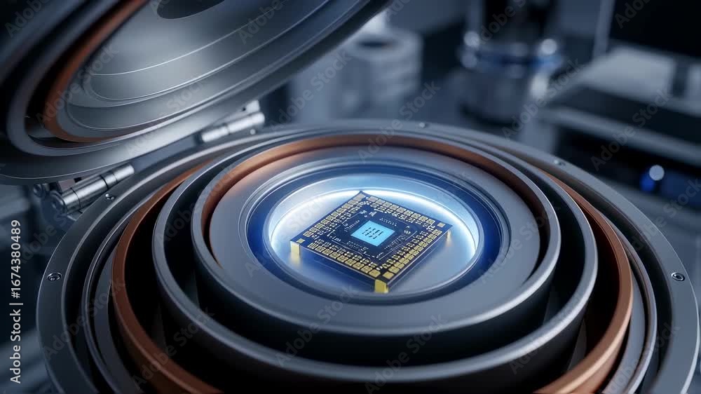 Poster cryostat bay open to reveal layered thermal shields and a mounted quantum annealing chip in a temper
