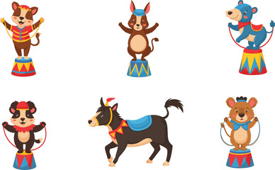 Vector illustration of cute cartoon circus animals performing tricks with costumes, stage props, entertainment design for children, festival, carnival, and show.