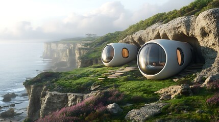 Futuristic cliffside homes unique architecture coastal living modern design vacation rentals ocean view retreat