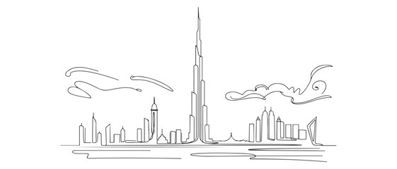 Naklejka premium One single line drawing of Dubai city skyline, United Arab Emirates. Historical landscape postcard art. Best holiday destination. Vector black silhouette. with white background