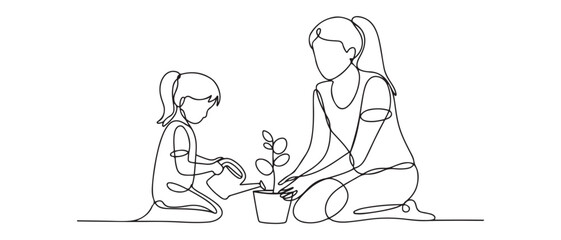 One single line drawing of young mom teach her daughter planting while the kid watering a plant at home garden vector illustration. Vector black silhouette. with white background © Mofazzelh