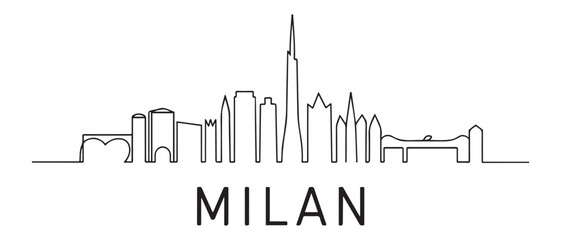 Naklejka premium Single continuous line drawing of Milan city skyline, Italy. Famous city skyscraper landscape in world. World travel wall decor poster print concept. Vector black silhouette. with white background