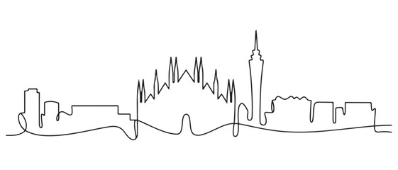 Obraz premium Single continuous line drawing of Milan city skyline, Italy. Famous city skyscraper landscape in world. World travel wall decor poster print concept. Vector black silhouette. with white background