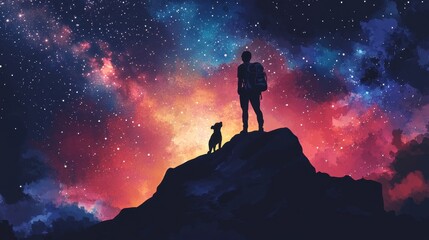Fototapeta premium Whimsical Nighttime Scene: Young Hiker with Backpack and Canine Companion Gazing at Starry Sky in Vivid Digital Art Style