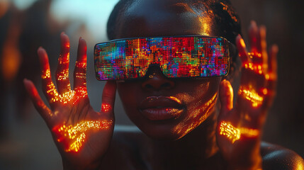 A person wears vibrant futuristic glasses, experiencing a digital interface with glowing abstract light patterns on their hands.