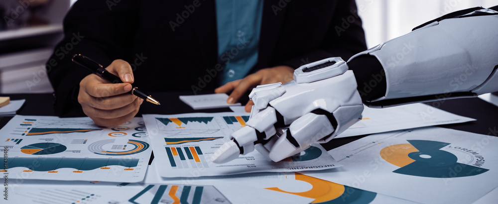 Aufkleber a futuristic business meeting showcasing a robot arm analyzing various charts and graphs. emphasizin