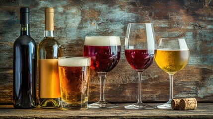 Charming Collection of Beers, Wines, and Spirits on Rustic Wooden Backdrop for Festive Celebrations