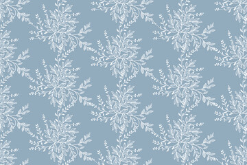 Abstract white on blue seamless pattern with leaves. Two-color vector floral pattern.
