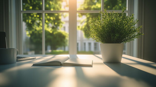 A sunlit home office desk next to a bright window features an open notebook, a green potted plant, and a laptop.