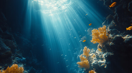 Obraz premium Bright sun rays illuminate a vibrant yellow coral reef filled with small fish swimming peacefully in clear deep blue ocean water.