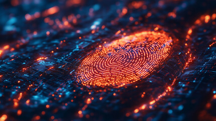 A vibrant digital fingerprint illuminates a dark, futuristic circuit board, symbolizing advanced biometric security and secure data identification.