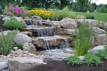Summer Garden Design: Landscape Architecture Showcasing Stone Water Features, Lush Green Plants, and Vibrant Flowers