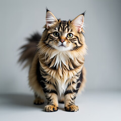 Obraz premium Long-haired munchkin cat portrait with green eyes on light gray background