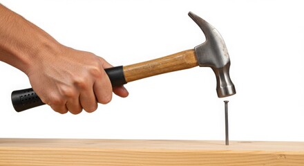Man hammering nail into wooden plank