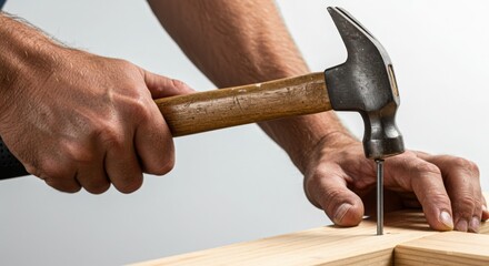 Man hammering nail into wooden plank